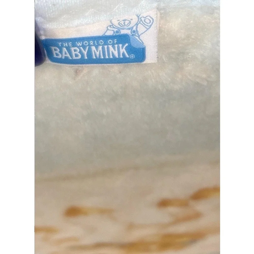 Vtg 80s Baby Mink Unicorn Teddy Bear Blue Plush Crib Blanket Zigzag Trim 43x51